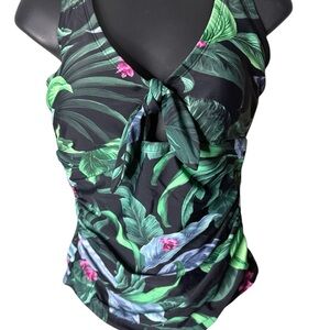 Kona Sol Tropical Print Tummy control tie_Front One Piece sexy Swimsuit Pull On
